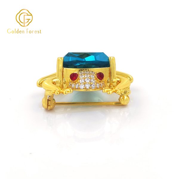 Gold  Plated Frog Shaped Gorgeous Brooch with Blue Gem & Diamonds for Fashion Enthusiasts - Image 3