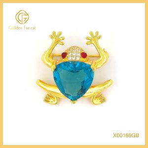 Gold  Plated Frog Shaped Gorgeous Brooch with Blue Gem & Diamonds for Fashion Enthusiasts