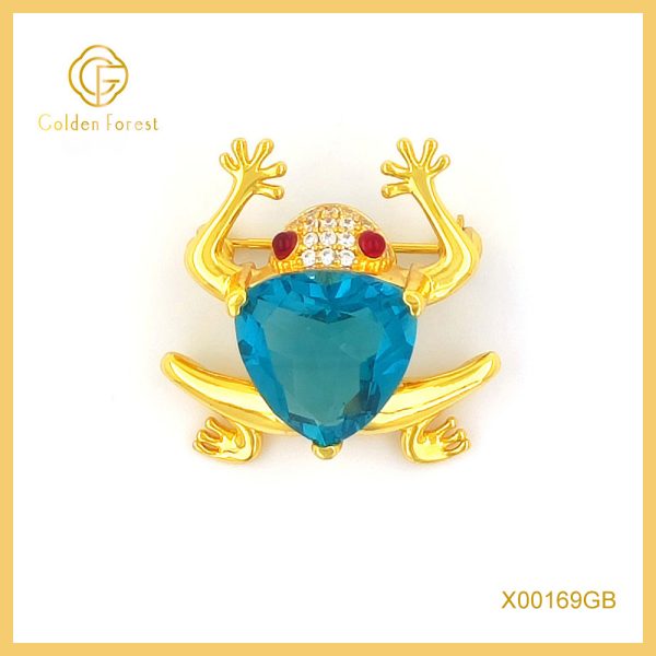 Gold  Plated Frog Shaped Gorgeous Brooch with Blue Gem & Diamonds for Fashion Enthusiasts