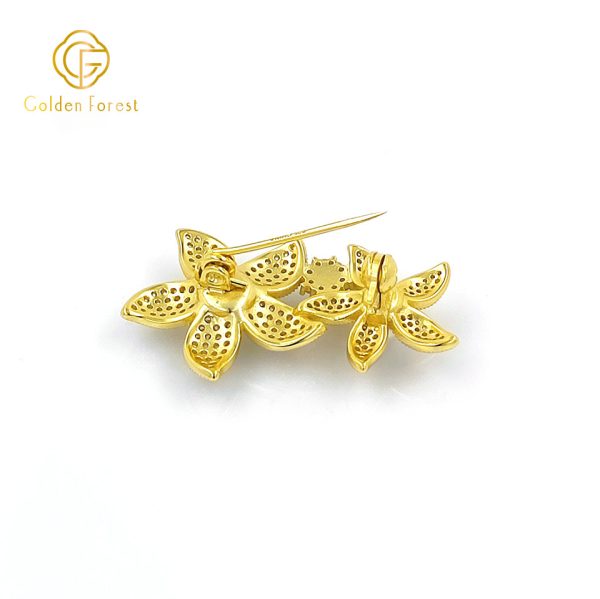Gold  Plated Double Flower Pearl & Diamond Encrusted Elegant Brooch for Women - Image 3