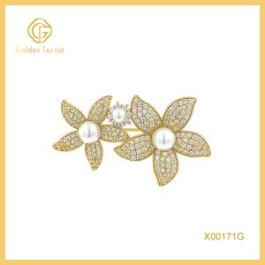 Gold  Plated Double Flower Pearl & Diamond Encrusted Elegant Brooch for Women