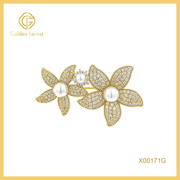 Gold  Plated Double Flower Pearl & Diamond Encrusted Elegant Brooch for Women