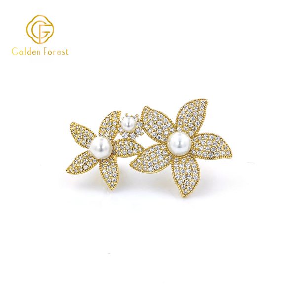 Gold  Plated Double Flower Pearl & Diamond Encrusted Elegant Brooch for Women - Image 2