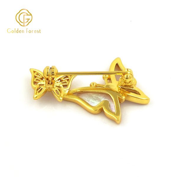 Gold Plated Double Butterfly MOP & CZ Elegant Brooch for Women - Image 4