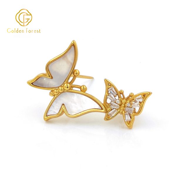 Gold Plated Double Butterfly MOP & CZ Elegant Brooch for Women - Image 2