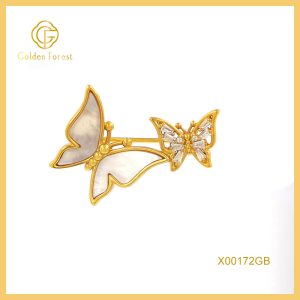 Gold Plated Double Butterfly MOP & CZ Elegant Brooch for Women