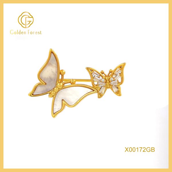 Gold Plated Double Butterfly MOP & CZ Elegant Brooch for Women