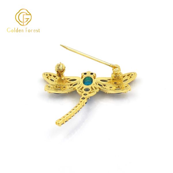 Gold Plated Dragonfly Shaped Blue Gemstone Gorgeous Brooch for Fashion Lovers - Image 4