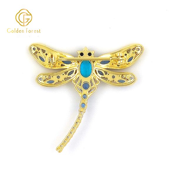 Gold Plated Dragonfly Shaped Blue Gemstone Gorgeous Brooch for Fashion Lovers - Image 3