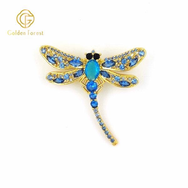 Gold Plated Dragonfly Shaped Blue Gemstone Gorgeous Brooch for Fashion Lovers - Image 2