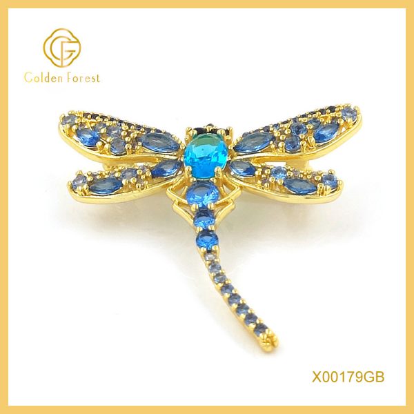 Gold Plated Dragonfly Shaped Blue Gemstone Gorgeous Brooch for Fashion Lovers