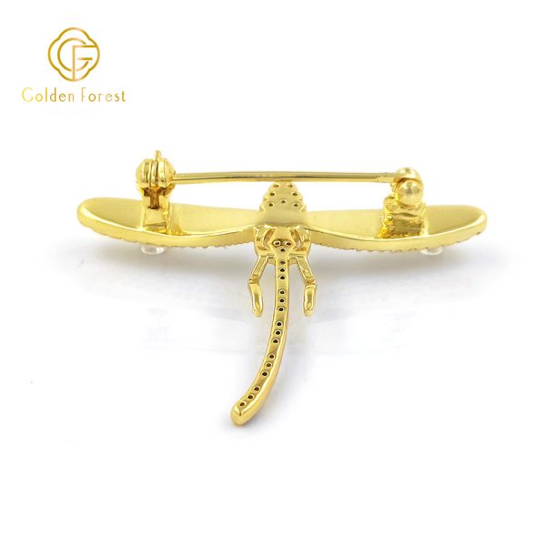 Gold Plated Dragonfly Shaped Pearl & Dark CZ Elegant Brooch for Women - Image 4