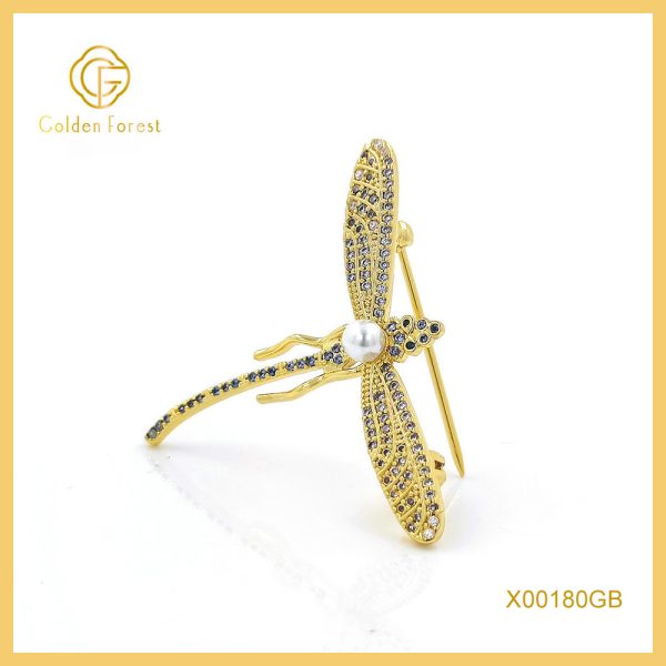 Gold Plated Dragonfly Shaped Pearl & Dark CZ Elegant Brooch for Women