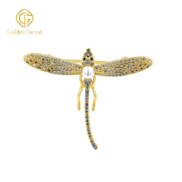 Gold Plated Dragonfly Shaped Pearl & Dark CZ Elegant Brooch for Women - Image 3