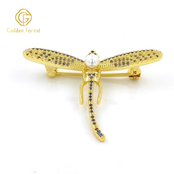 Gold Plated Dragonfly Shaped Pearl & Dark CZ Elegant Brooch for Women - Image 2