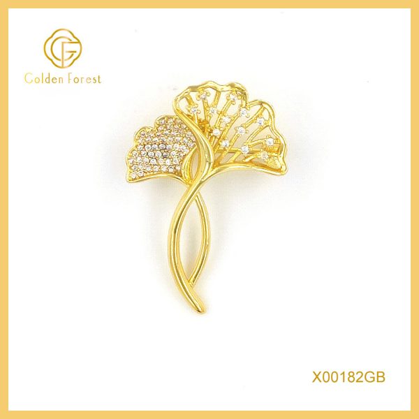 Gold Platd Ginkgo Leaf Shaped Diamond Encrusted Elegant Brooch for Women
