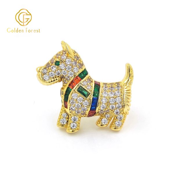 Gold Plated Dog Shaped Multi Gem & Diamond Gorgeous Brooch for Personality Seekers - Image 2