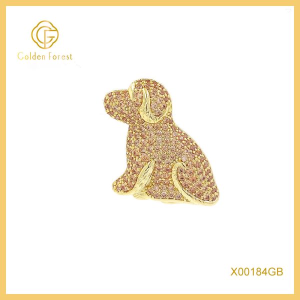Gold Plated Dog Shaped Pink Diamond Encrusted Cute Brooch for Women