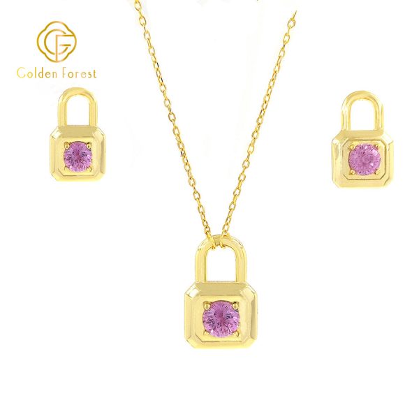 Gold Plated Multicolor CZ Lock Stud Necklace jewelry Set for Valentine - Image 10