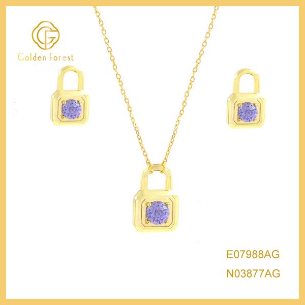 Gold Plated Multicolor CZ Lock Stud Necklace jewelry Set for Valentine
