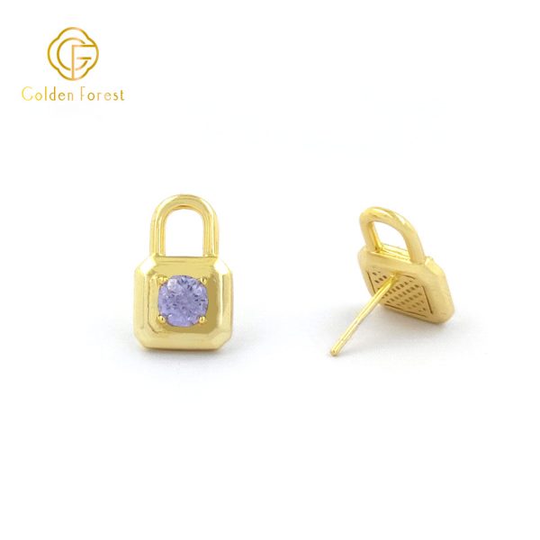 Gold Plated Multicolor CZ Lock Stud Necklace jewelry Set for Valentine - Image 2