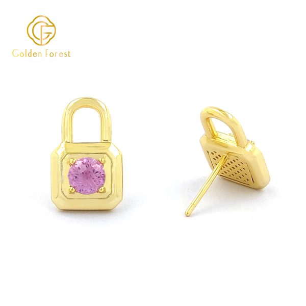 Gold Plated Multicolor CZ Lock Stud Necklace jewelry Set for Valentine - Image 4