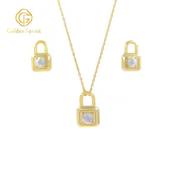 Gold Plated Multicolor CZ Lock Stud Necklace jewelry Set for Valentine - Image 9