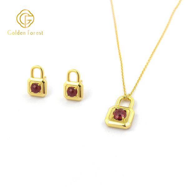Gold Plated Multicolor CZ Lock Stud Necklace jewelry Set for Valentine - Image 8
